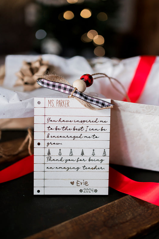 Personalized Teacher Christmas Ornament — Notebook letter Style